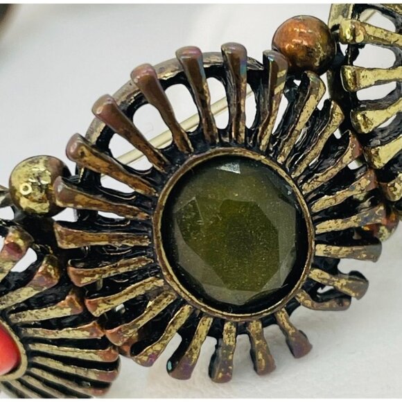 Vintage Sunburst Stretch Boho Bracelet Orange & Green Stones Gift Festival - Picture 3 of 4